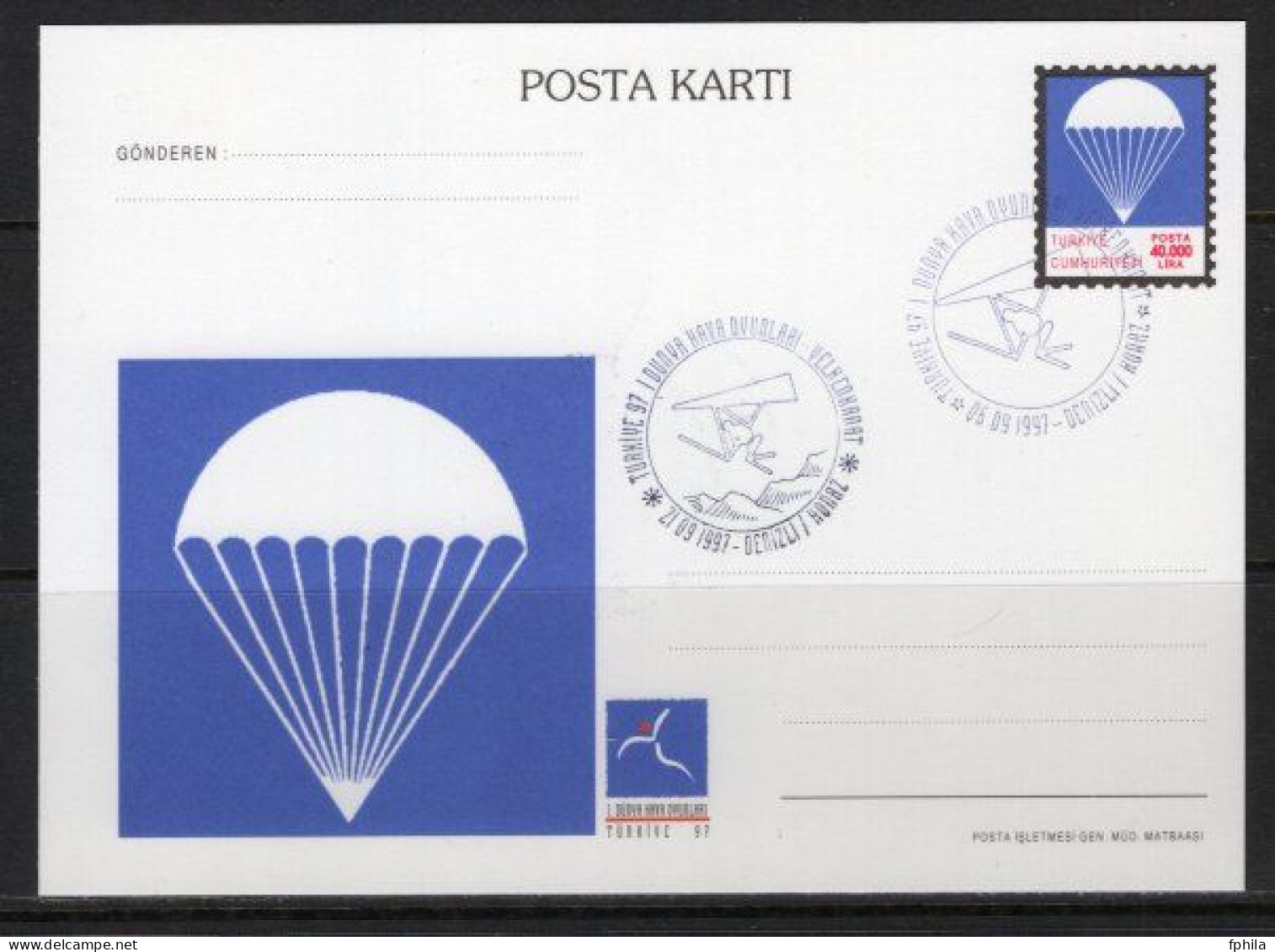 1997 TURKEY 1ST WORLD AIR GAMES PARACHUTE ILLUSTRATION - DELTA WING POSTCARD - Postal Stationery