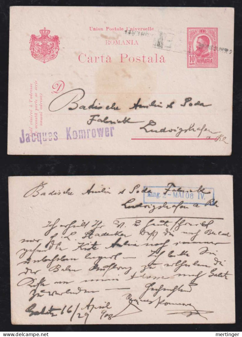 Rumänien Romania 1908 Stationery Postacrad Railway Postmark TREN Galati X Ludwigshafen - Cartas & Documentos