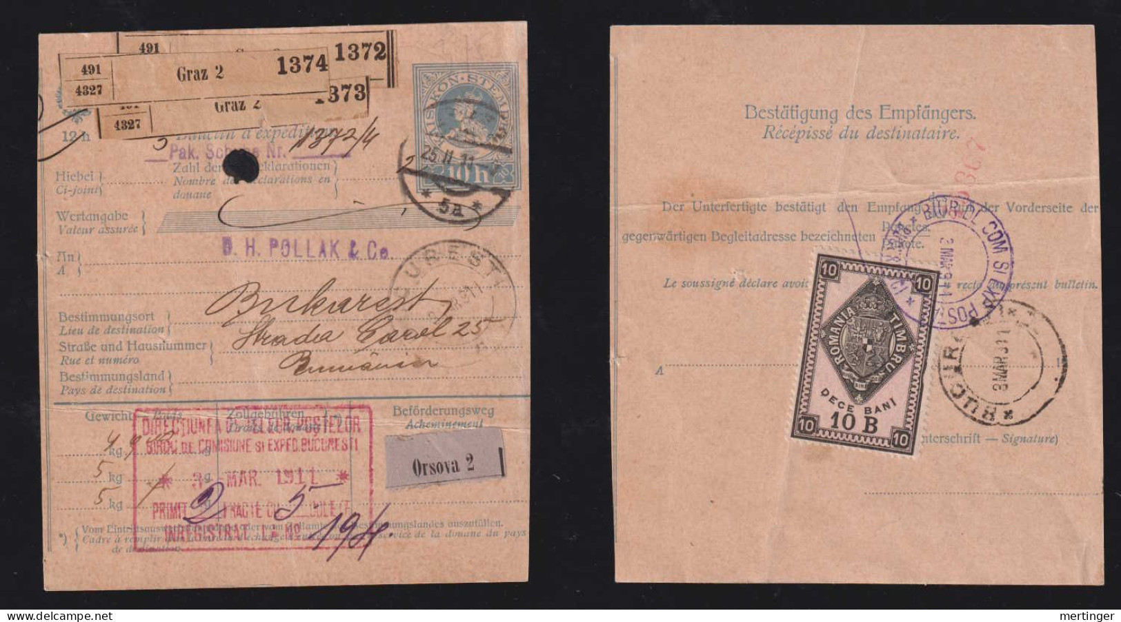 Rumänien Romania 1911 Parcle Card GRAZ Austria X BUCURESTI With Revenue Stamp - Lettres & Documents