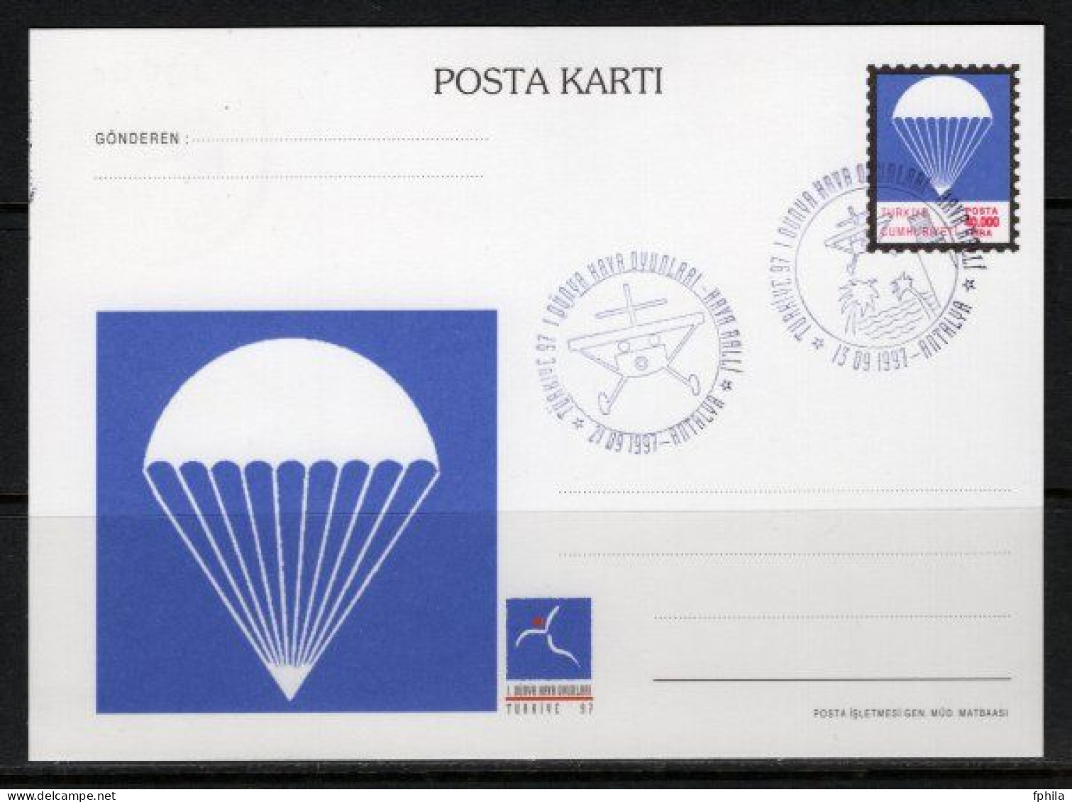 1997 TURKEY 1ST WORLD AIR GAMES PARACHUTE ILLUSTRATION - AIR RALLY POSTCARD - Enteros Postales