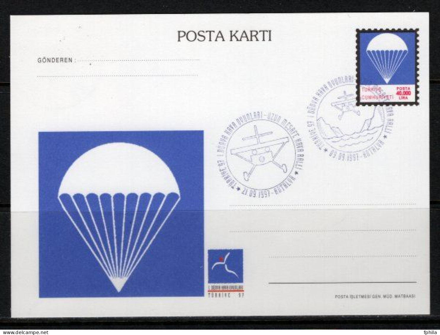 1997 TURKEY 1ST WORLD AIR GAMES PARACHUTE ILLUSTRATION - LONG DISTANCE AIR RALLY POSTCARD - Postal Stationery