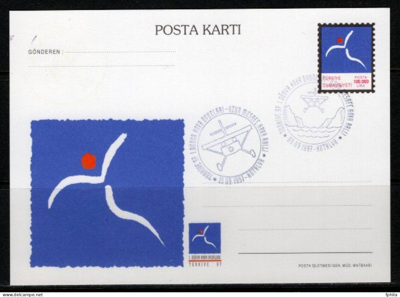 1997 TURKEY 1ST WORLD AIR GAMES LOGO - LONG DISTANCE AIR RALLY POSTCARD - Postal Stationery