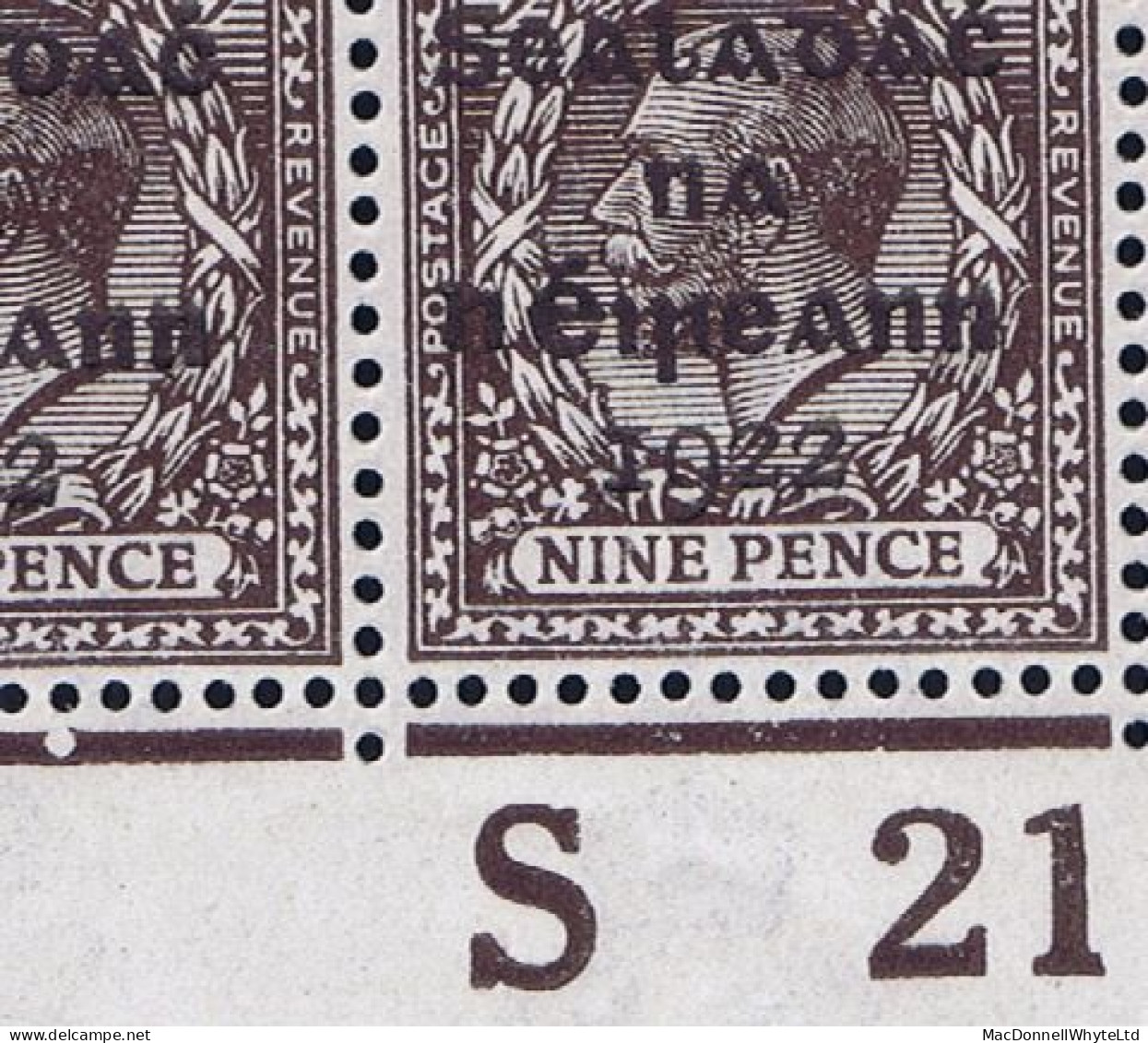 Ireland 1922 Dollard Rialtas 5-line 9d Agate Control S21 Imperf Corner Block Of 6 Fresh Mint - Nuovi