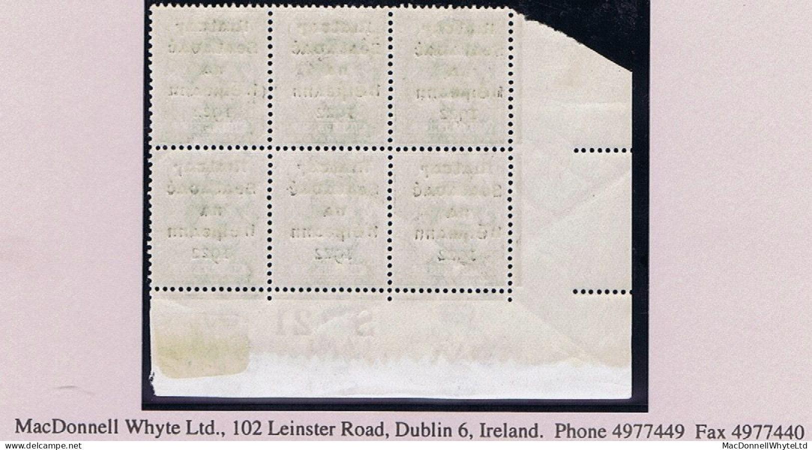 Ireland 1922 Dollard Rialtas 5-line 9d Agate Control S21 Imperf Corner Block Of 6 Fresh Mint - Nuovi