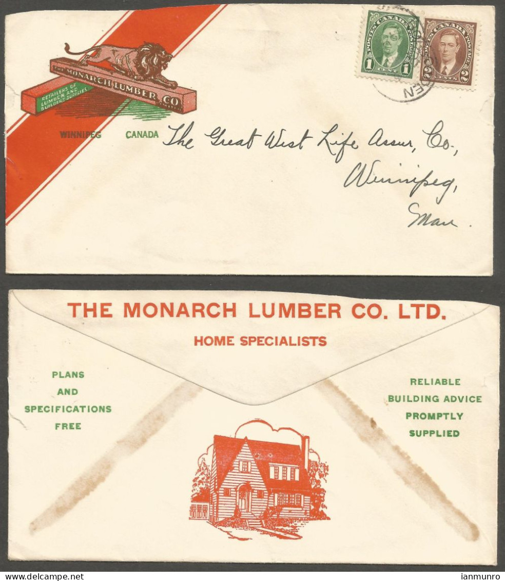 1938 2-Sided Colour Advertising Cover 3c Mufti Monarch Lumber Winnipeg Manitoba - Postal History