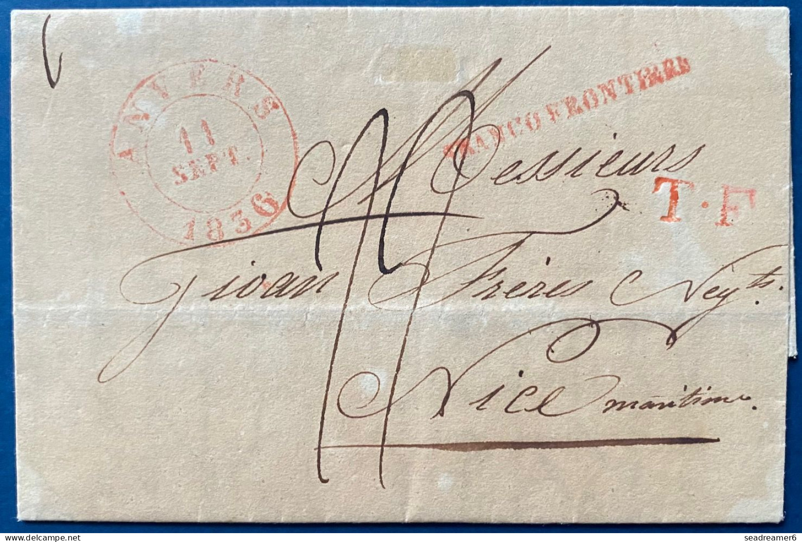 Lettre 11 SEPT 1836 Càd " ANVERS " Pour NICE états Sarde + Marque Rouge " FRANCO FRONTIÈRE " + TF + Taxe 22 TTB - 1830-1849 (Belgique Indépendante)