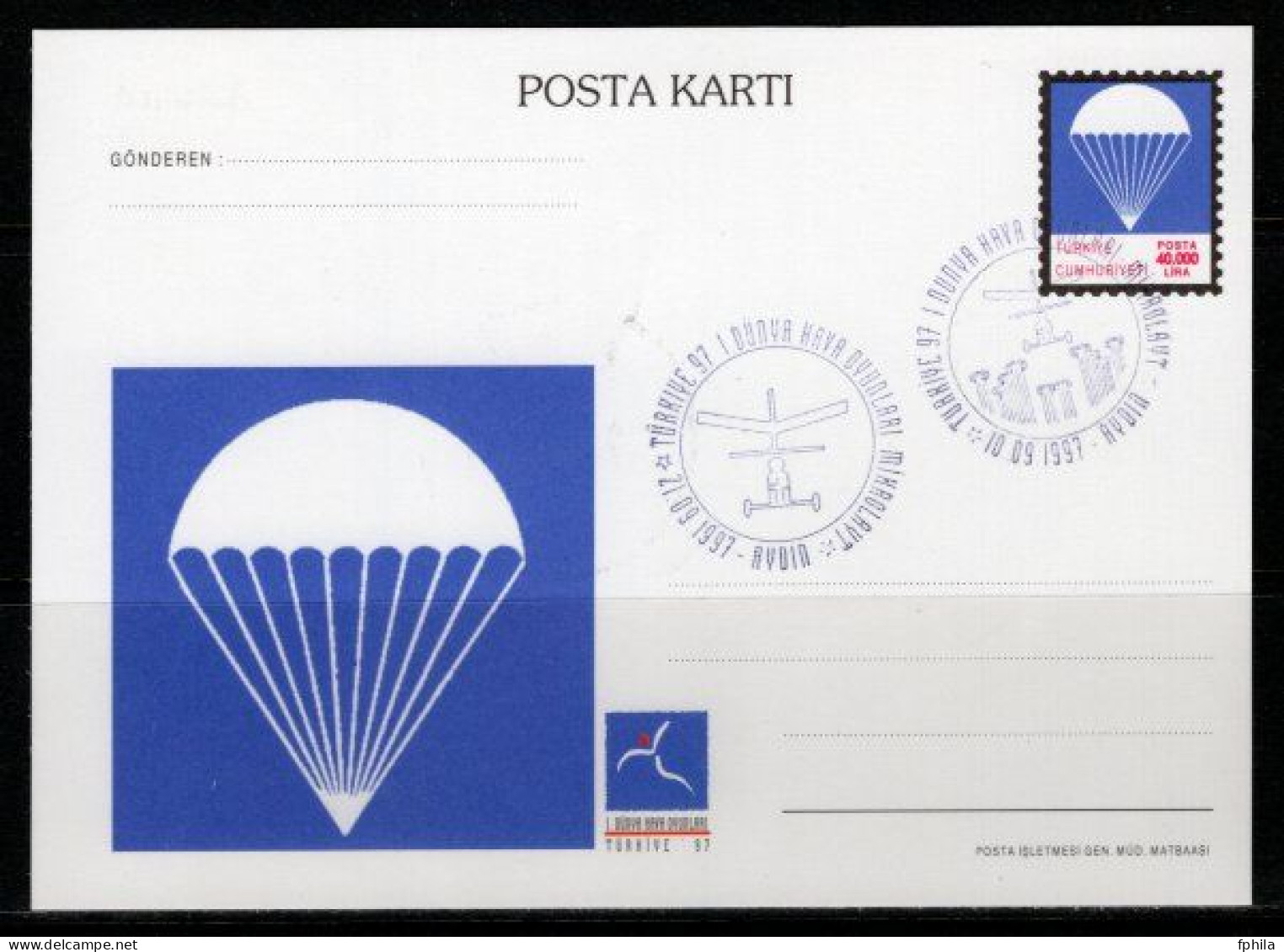 1997 TURKEY 1ST WORLD AIR GAMES PARACHUTE ILLUSTRATION - MICROLIGHT POSTCARD - Postal Stationery