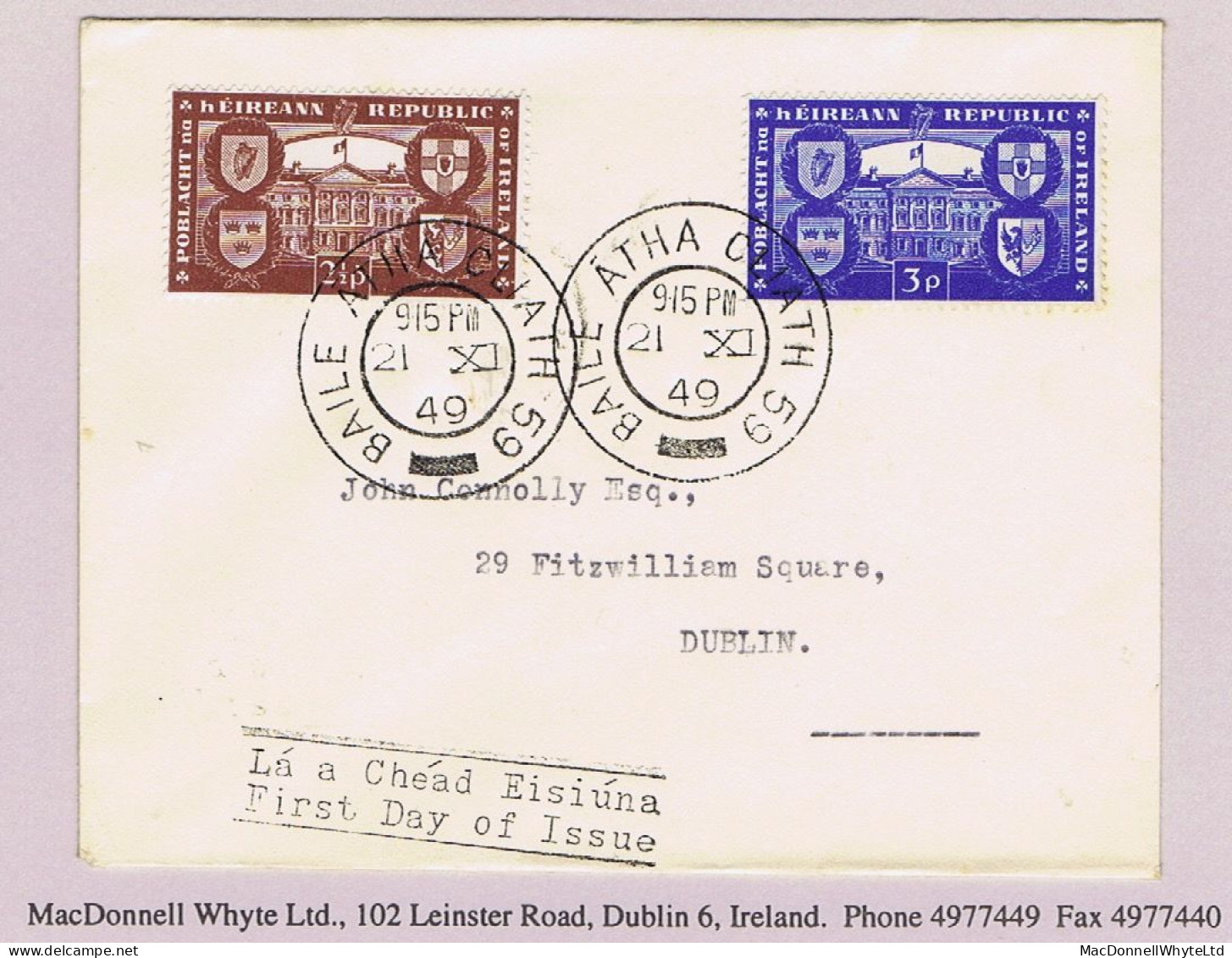 Ireland 1949 Republic Set Of Two On Neat Typed Address First Day Cover, Dublin Cds 21 XI 49 - FDC