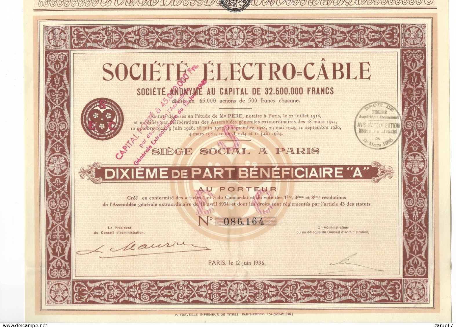 ACTION Société ELECTRO CABLE DIXIEME DE PART BENEFICIAIRE A 1936 PARIS - Autres & Non Classés