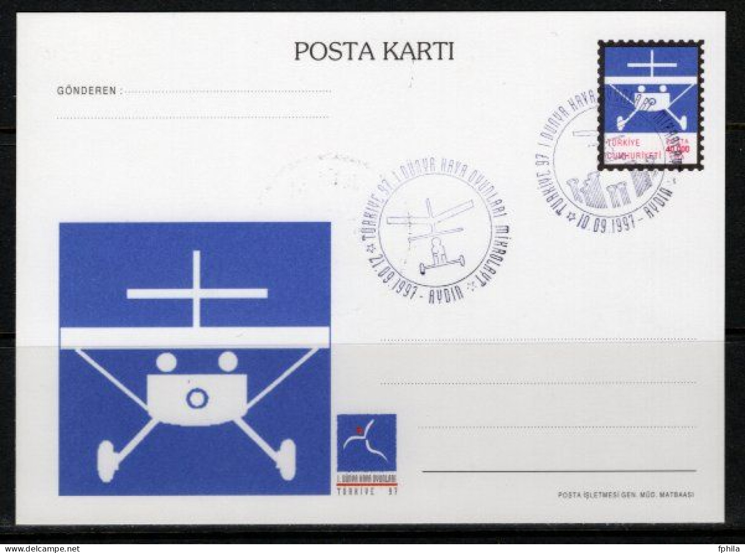 1997 TURKEY 1ST WORLD AIR GAMES GLIDER ILLUSTRATION - MICROLIGHT POSTCARD - Postal Stationery