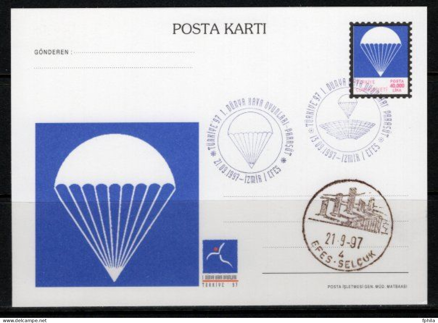 1997 TURKEY 1ST WORLD AIR GAMES PARACHUTE ILLUSTRATION - PARACHUTTING POSTCARD - Postal Stationery