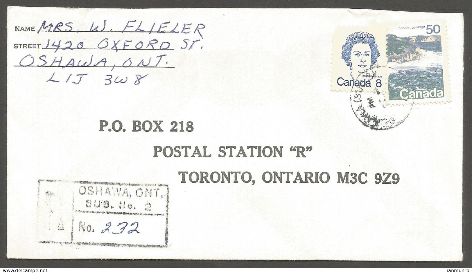 1976 Registered Cover 58c Landscape CDS Oshawa Sub No 2 To Toronto Ontario - Postal History