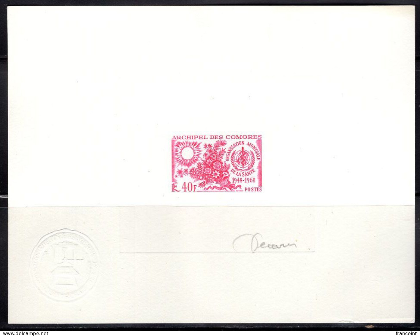 COMORO ISLANDS(1968) WHO 20th Anniversary. Die Proof In Pink Signed By The Engraver DECARIS. Scott 73 - Otros & Sin Clasificación