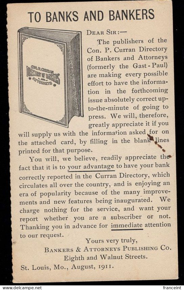 U.S.A.(1951) Banker's And Attorney's Directory. One Cent Postal Card With Illustrated Ad For Curran Directory Of Bankers - 1941-60