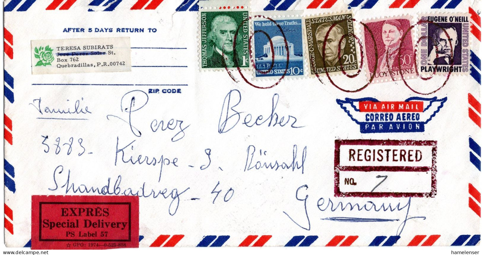 73381 - USA - 1975 - $1 O'Neill MiF A R-EilLpBf QUEBRADILLAS PR -> DUESSELDORF -> LUEDENSCHEID -> Kierspe (BRD) - Covers & Documents