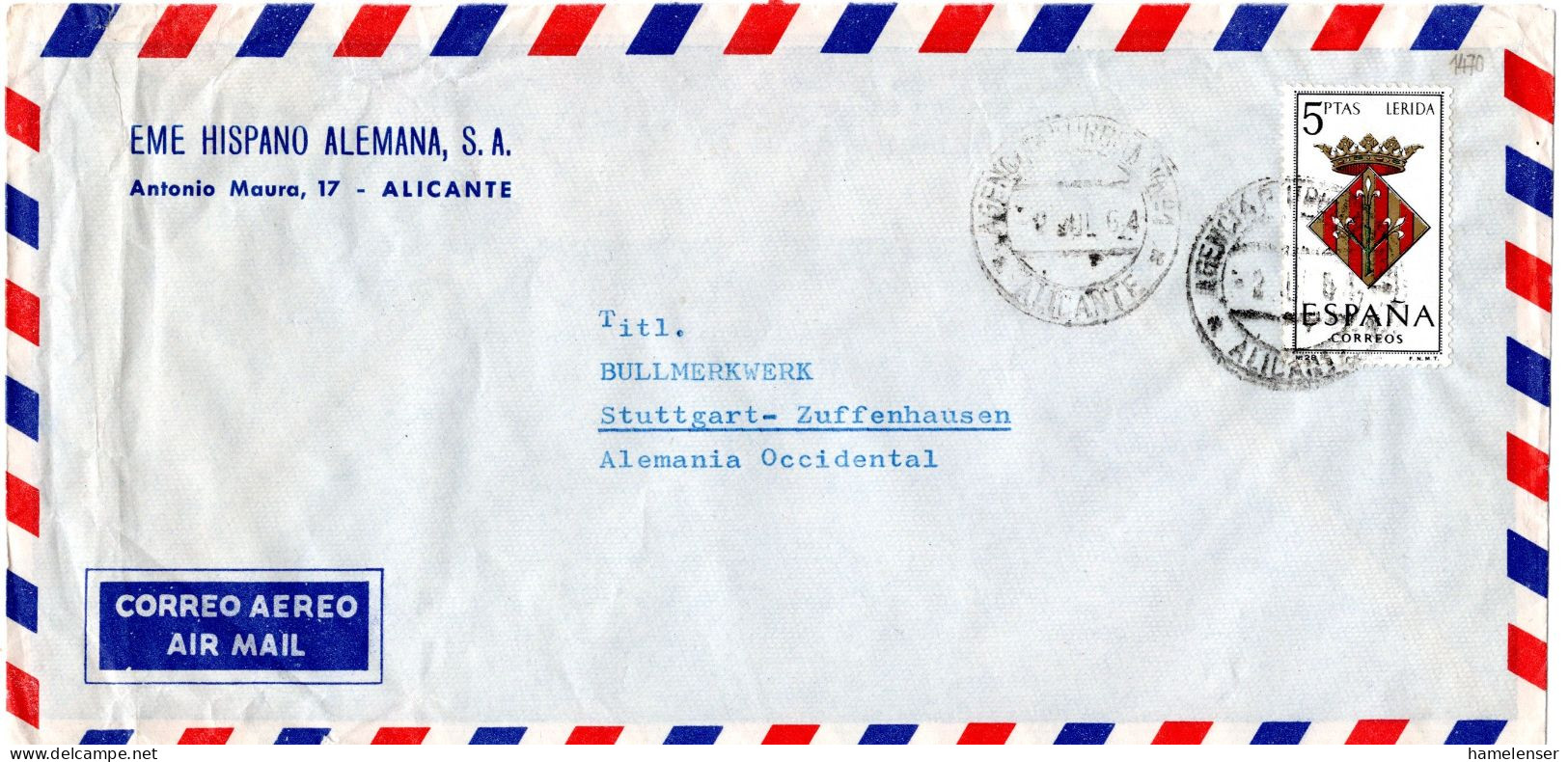L73386 - Spanien - 1964 - 5Ptas Wappen / Lerida EF A LpBf ALICANTE -> Westdeutschland - Brieven En Documenten
