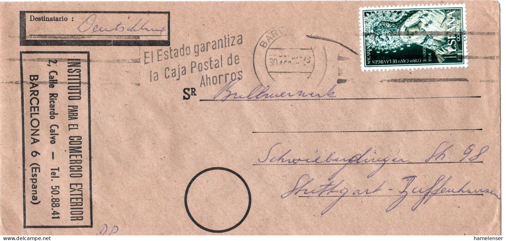 73388 - Spanien - 1964 - 1Pta Macarena EF A DrucksBf BARCELONA - ... -> Westdeutschland - Briefe U. Dokumente