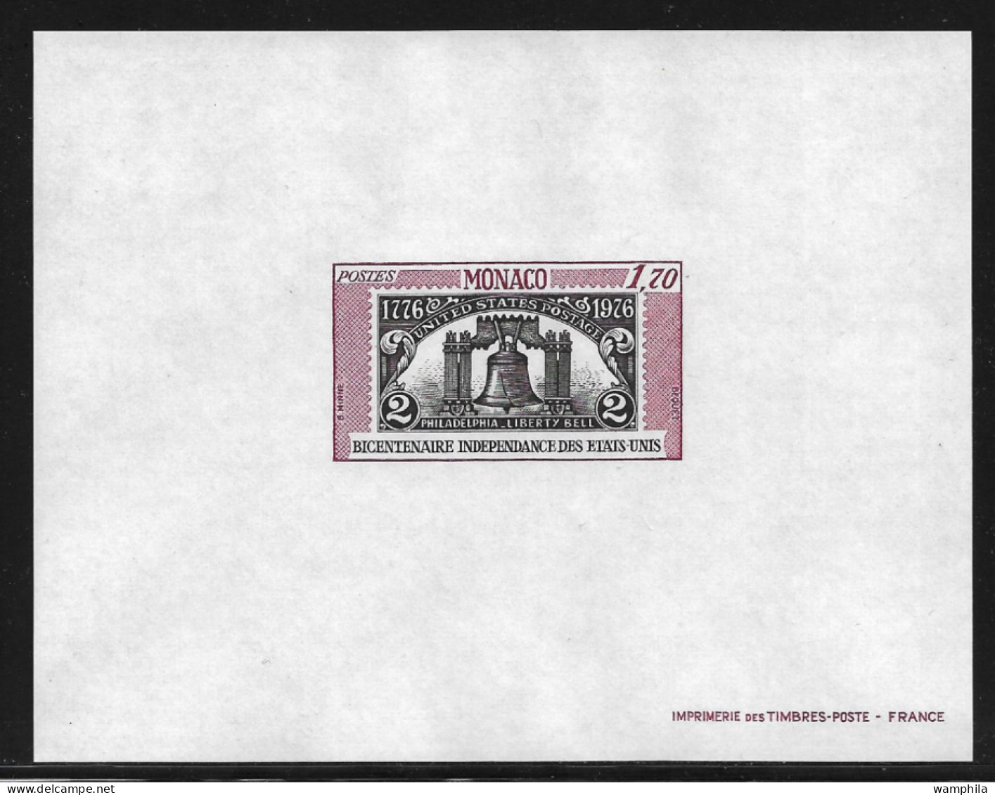 Monaco Bloc Spécial Gommé N°9a**, Non Dentelé (timbres 1055) Bicentenaire De L'indépendance Des Etats-Unis, Cote 1300€. - Varietà