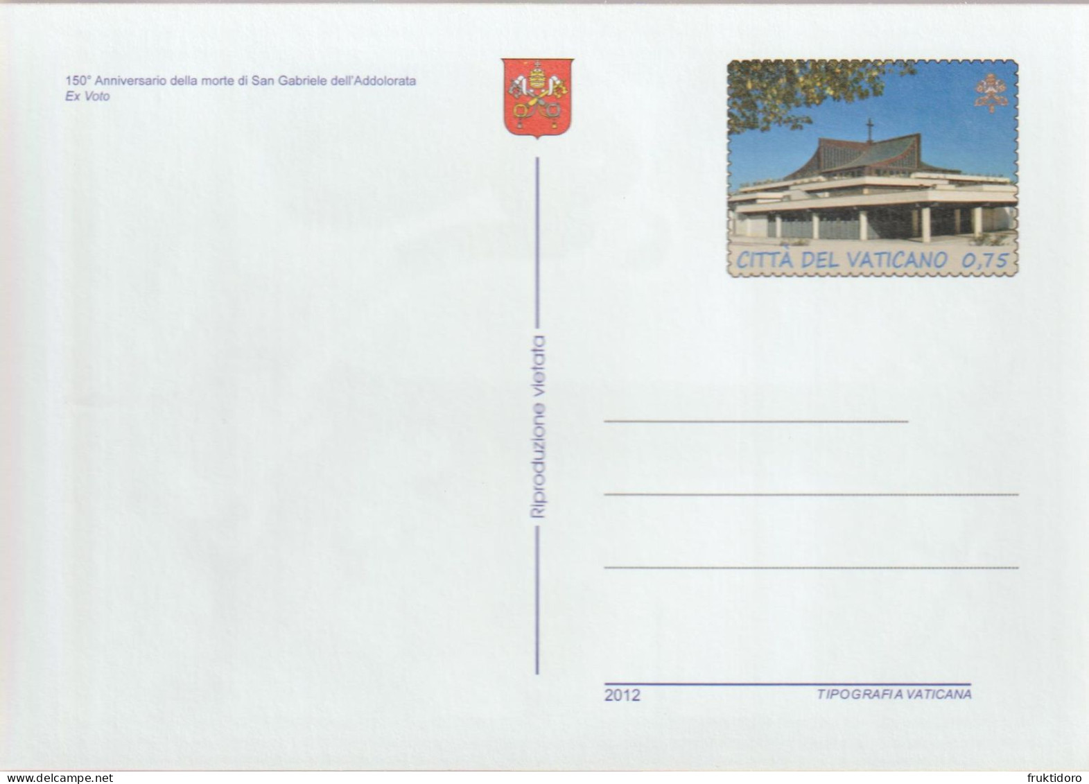 Vatican City Postal Stationery 2012 - Prepaid Postcards 150th Death Anniversary Of St Gabrielle Dell'Addolorata ** - Ganzsachen