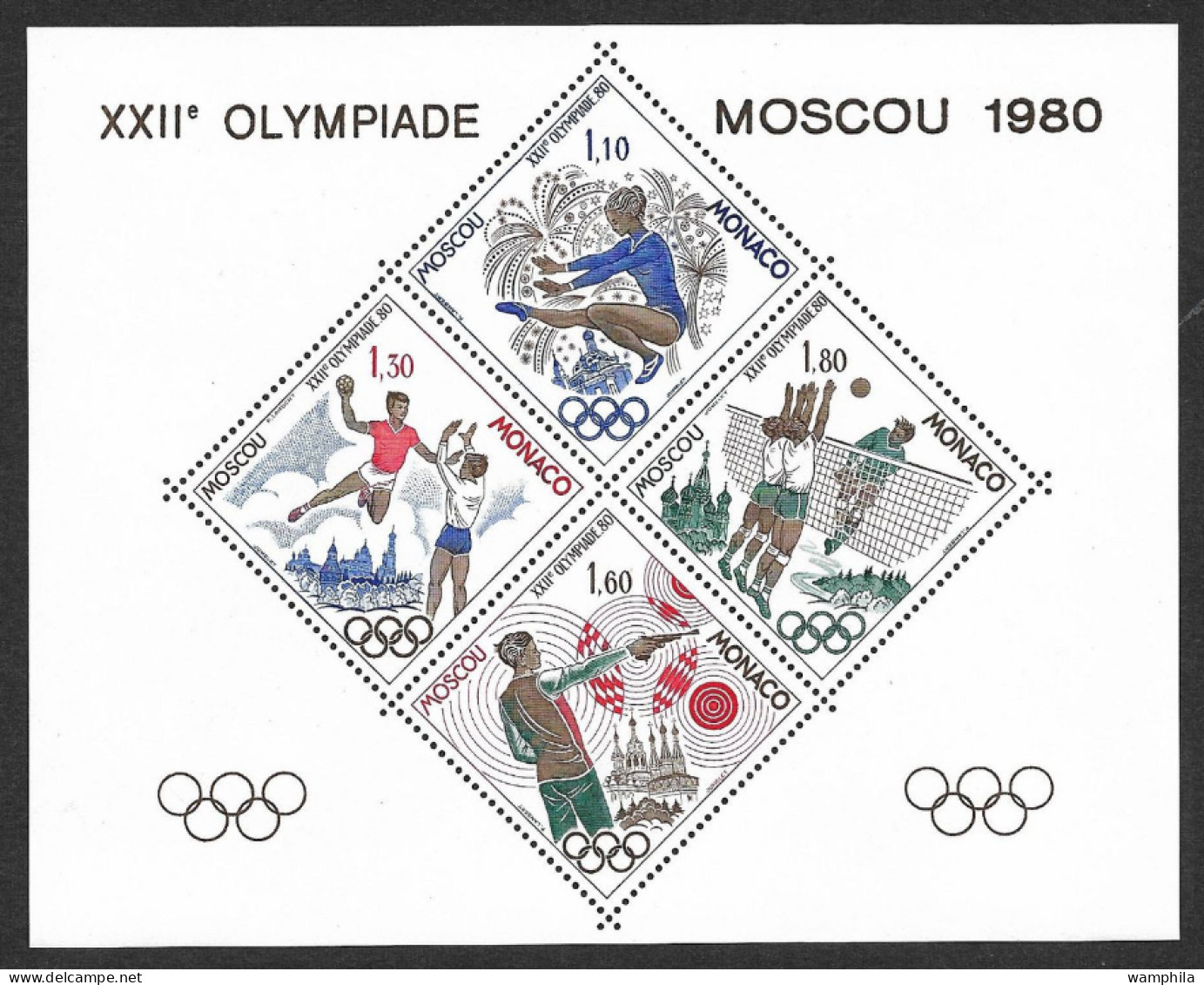 Monaco Bloc Spécial Gommé N°11** Des Timbres N°1218/1221**. 1980 J.O De Moscou. Cote 300€ - Sommer 1980: Moskau