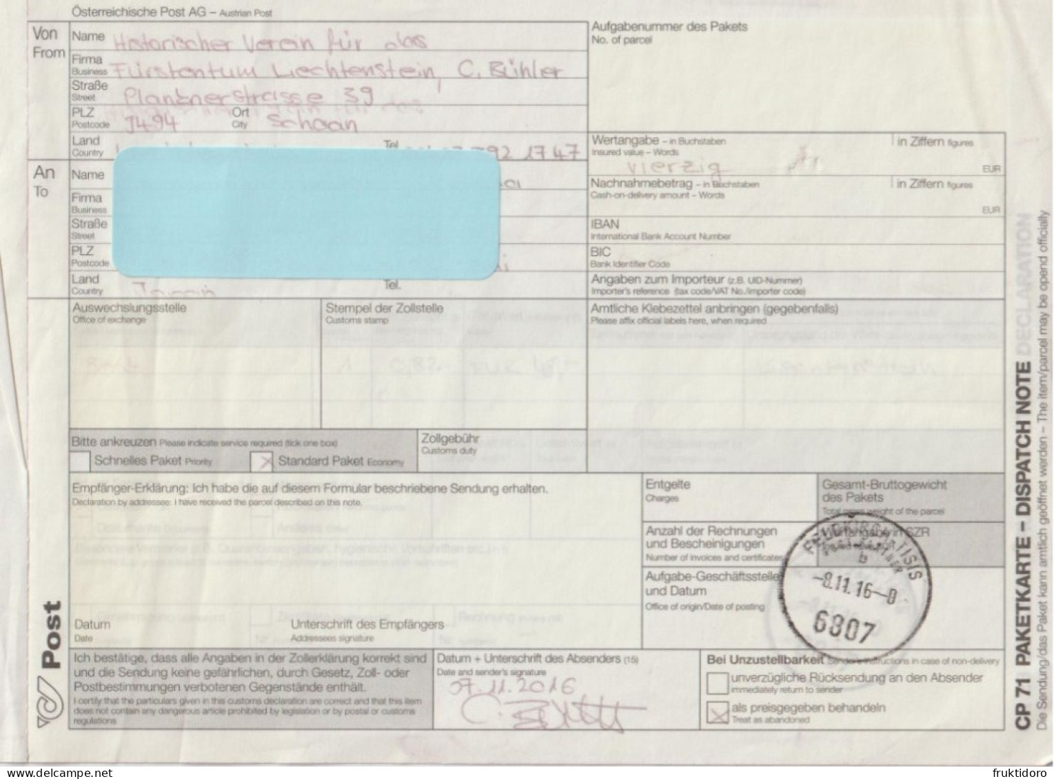 Austria Customs Declarations Form From Österreichische Post AG - Circulated - Cancelled In Feldkirch - Abarten & Kuriositäten