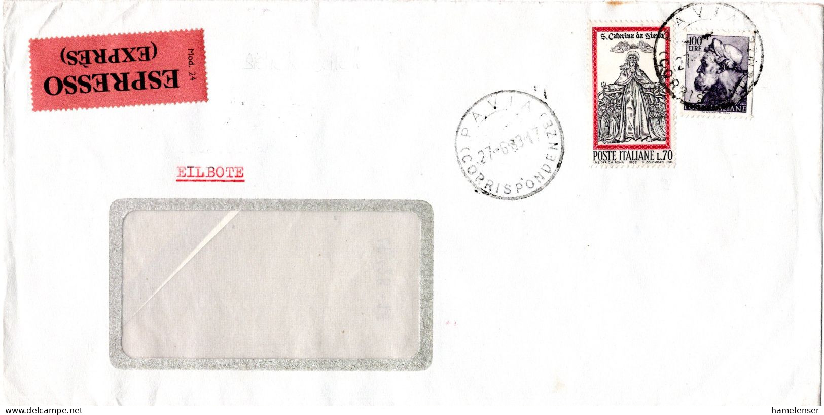 L73397 - Italien - 1963 - 100L Michelangelo MiF A EilBf PAVIA -> STUTTGART (Westdeutschland) - 1961-70: Poststempel