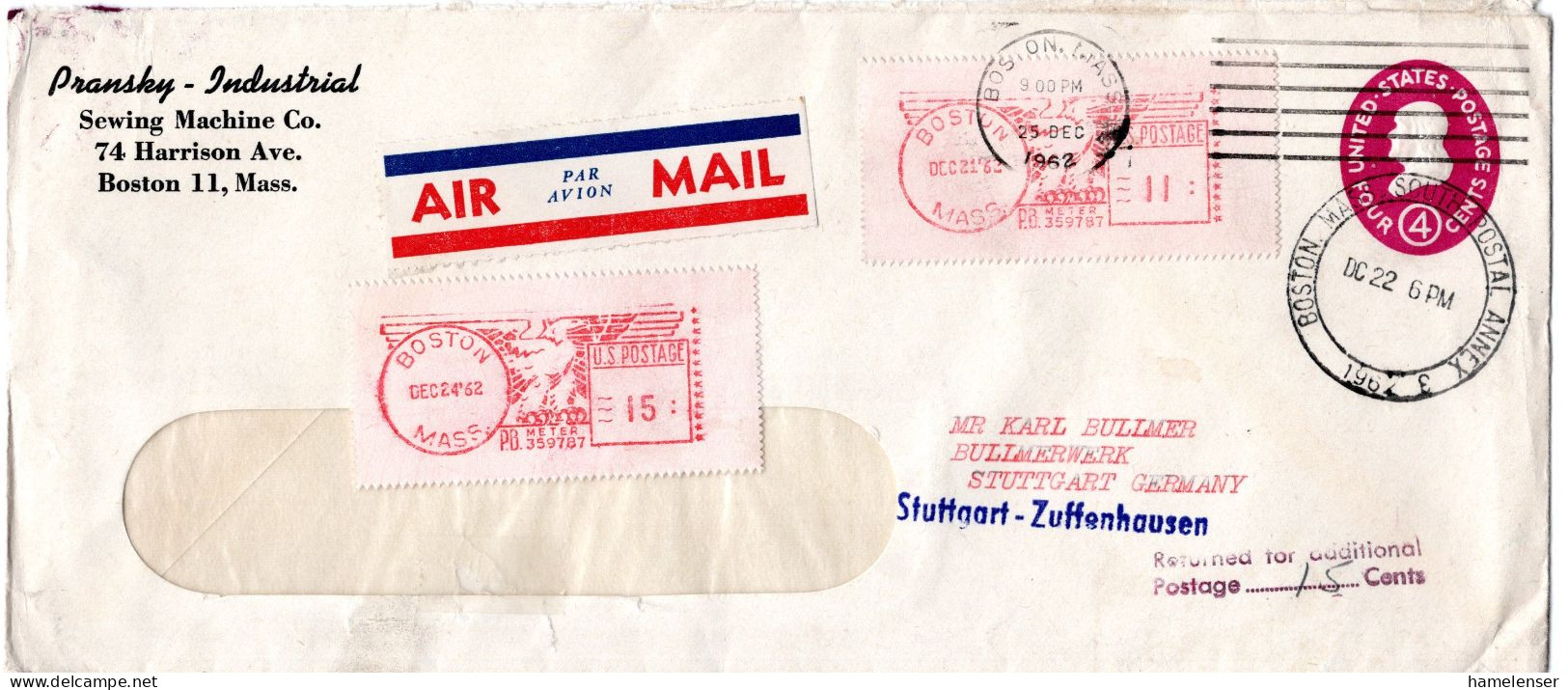 L73399 - USA - 1962 - 4¢ GAUmschl M ZusFrankatur & Nachfrankatur Als LpBf BOSTON MASS -> Westdeutschland - Lettres & Documents