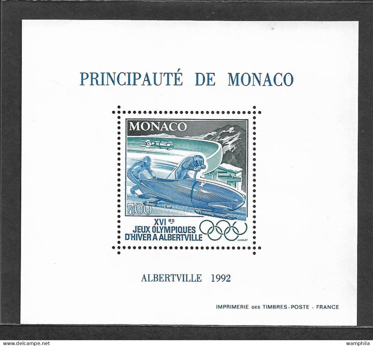 Monaco Bloc Spécial Gommé N°17**, Timbre N°1811 Jeux Olympiques D'Albertville 1992. Cote 140€. - Errors And Oddities