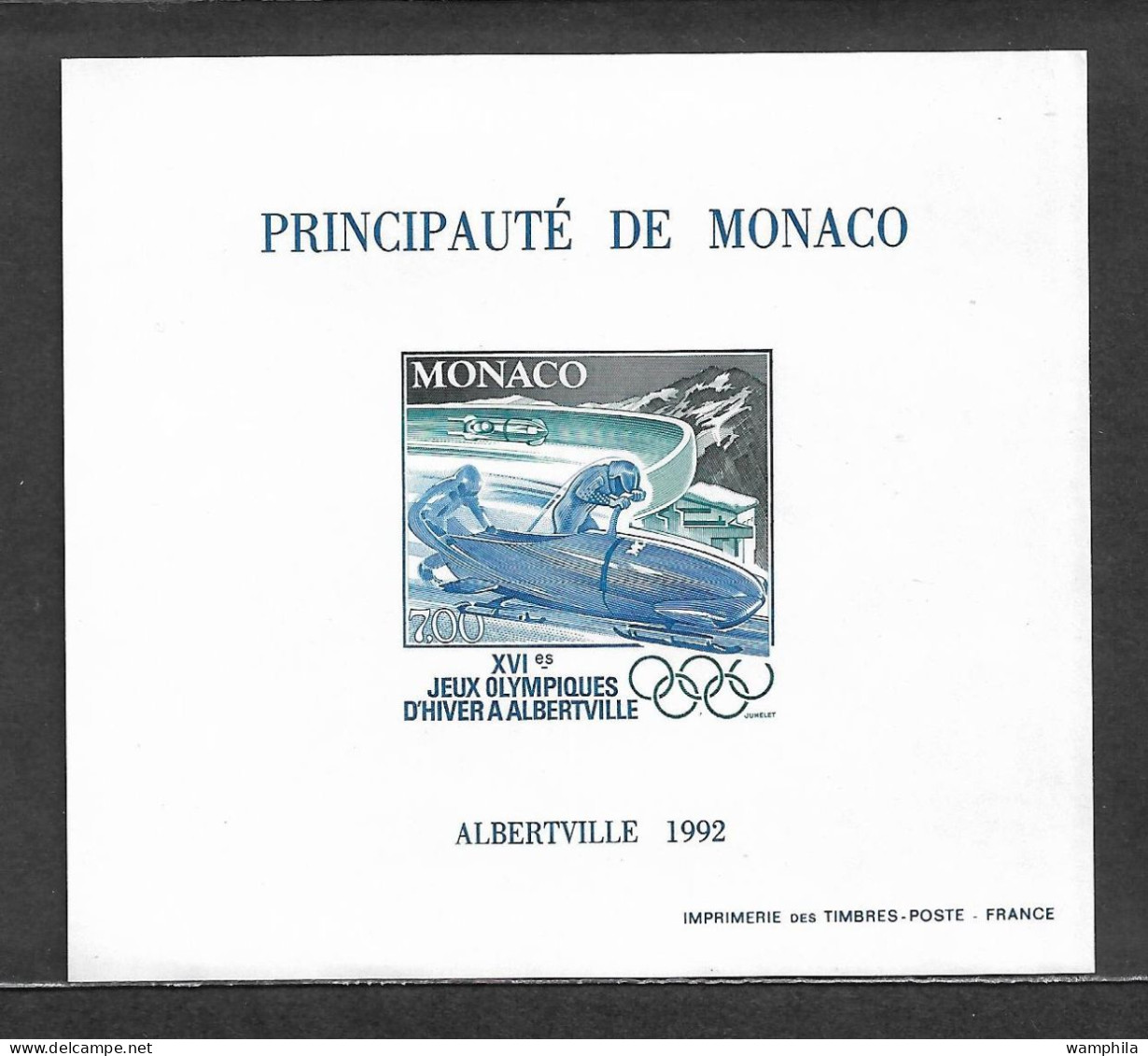 Monaco Bloc Spécial Gommé N°17a**non Dentelé, Timbre N°1811 Jeux Olympiques D'Albertville 1992. Cote 200€. - Errors And Oddities