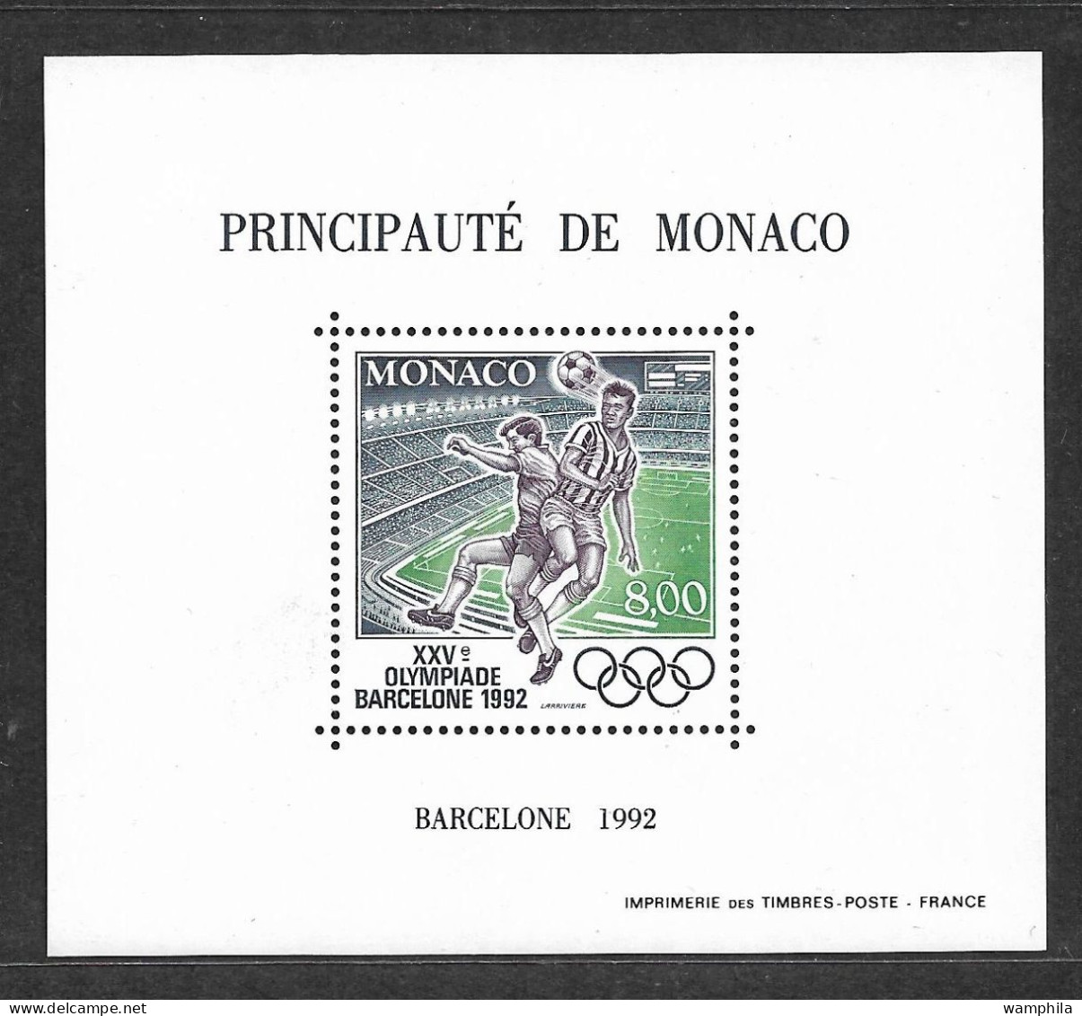 Monaco. Jeux Olympiques De Barcelone Bloc Spécial N°18** Du Timbre N°1812(Jeux Olympique, Football) Cote 140€ - Variétés