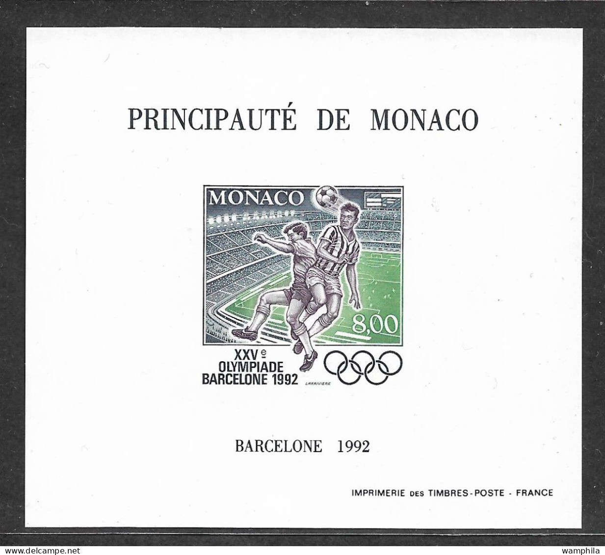 Monaco. Jeux Olympiques De Barcelone Bloc Spécial N°18a** Non Dentelé Du N°1812( Football) Cote 140€ - Neufs