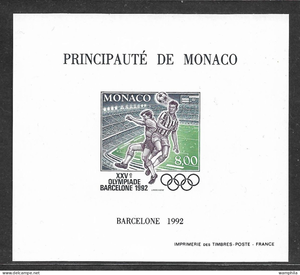 Monaco. Jeux Olympiques De Barcelone Bloc Spécial N°18a** Non Dentelé Du N°1812( Football) Cote 140€ - Blocs