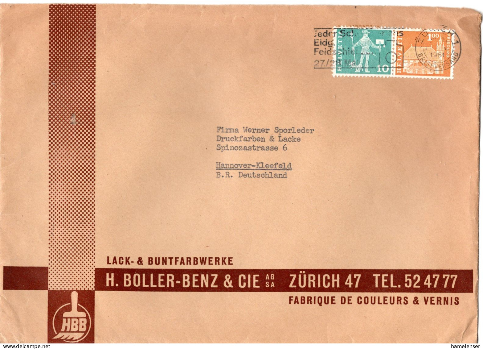 L73406 - Schweiz - 1961 - 1Fr Fribourg MiF A Bf ZUERICH - ... -> Westdeutschland - Covers & Documents