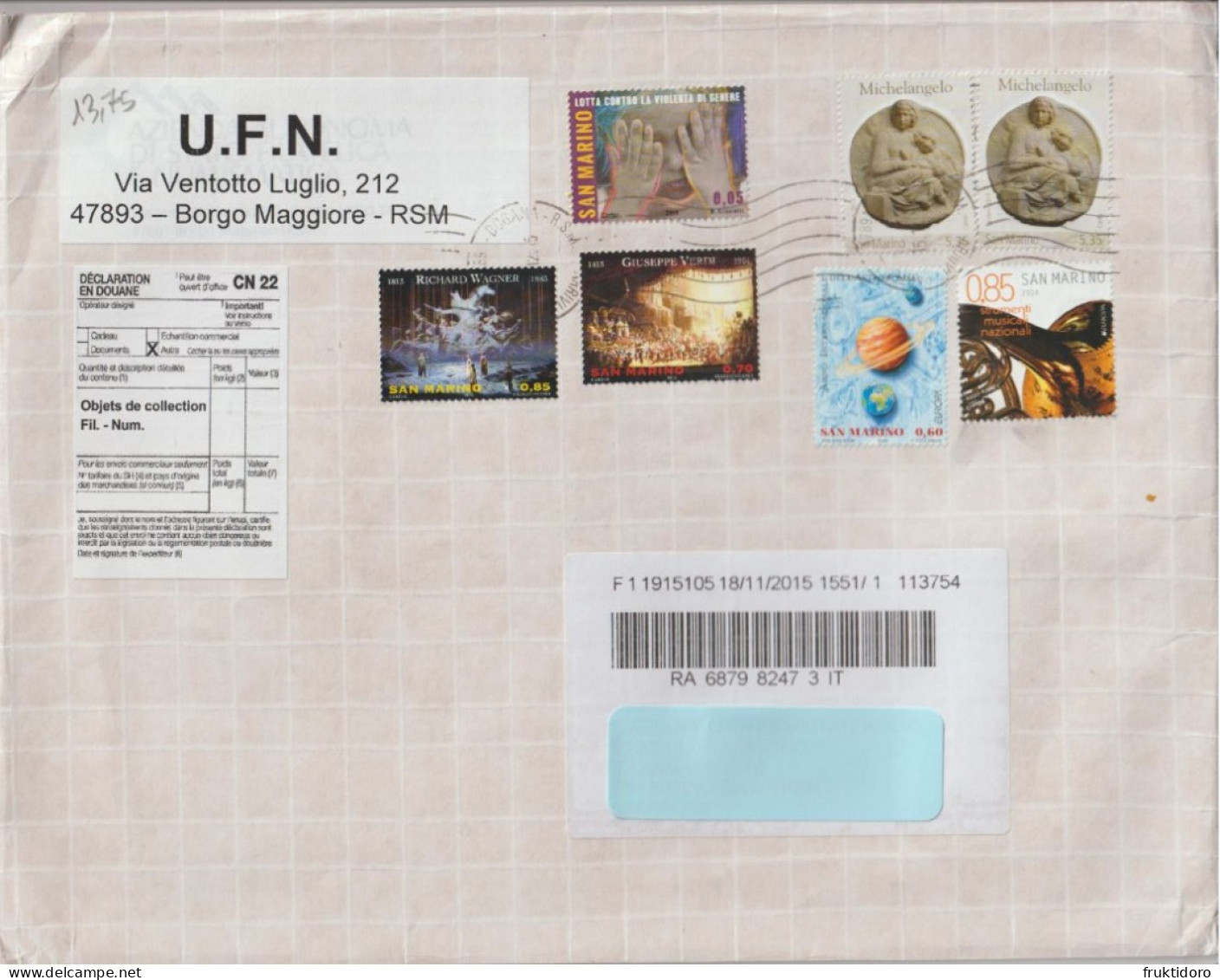 San Marino Registered Letter With Mi 15268-5269 Musicians: Verdi - Wagner - Europa 2009 Customs Declaration - Barcode - Exprespost