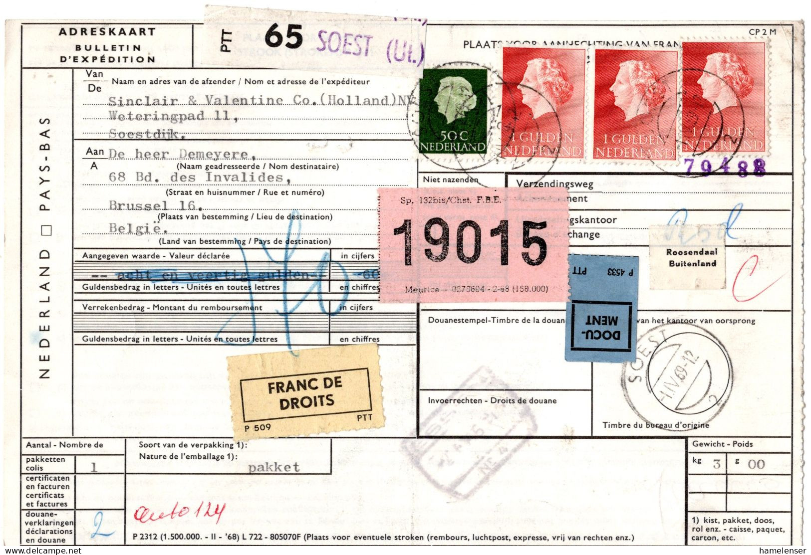 L73422 - Niederlande - 1969 - 3@1G Juliana MiF A PaketKte SOEST -> Belgien - Storia Postale