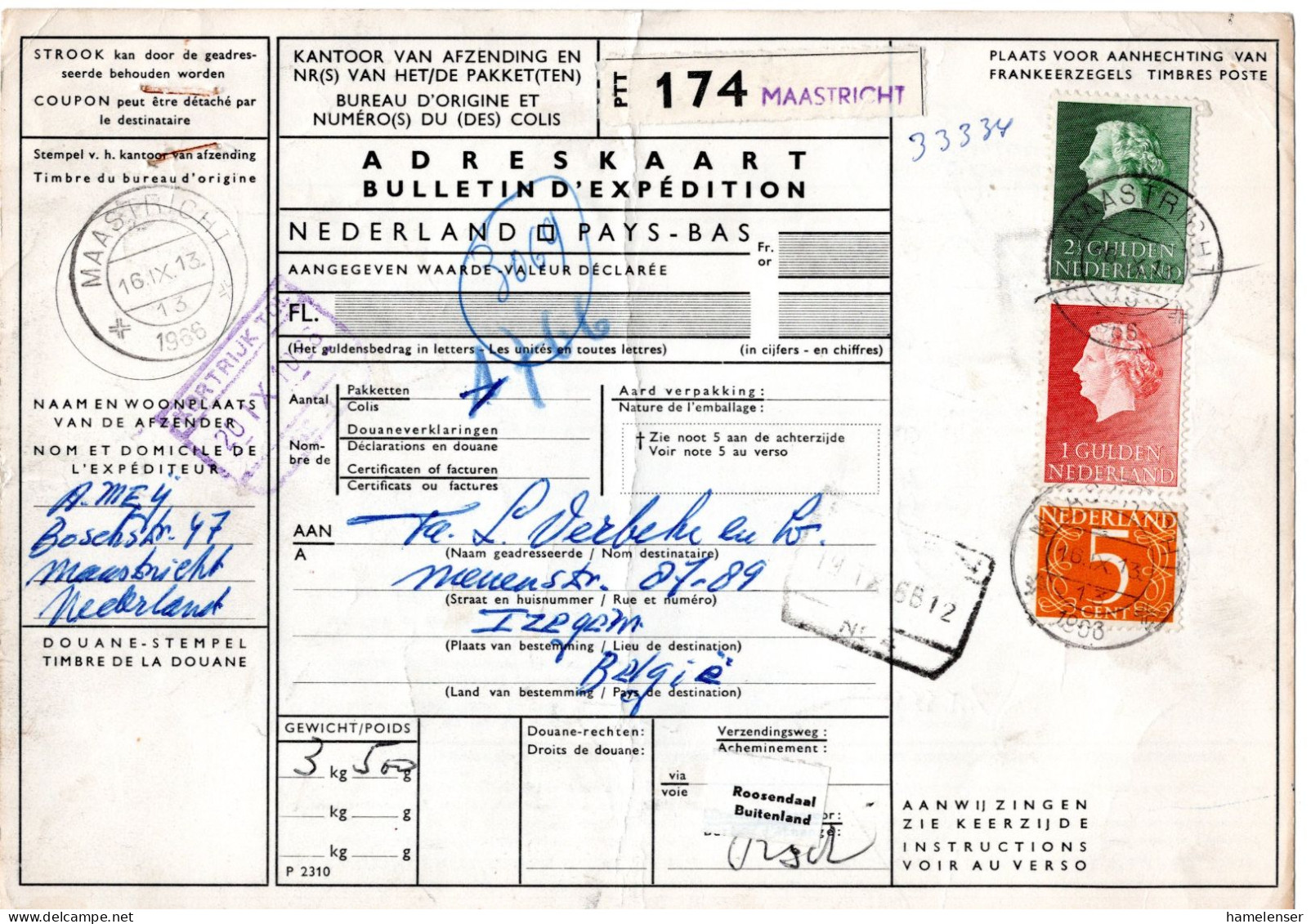 L73423 - Niederlande - 1966 - 2,50G Juliana MiF A PaketKte (senkr Bug) MAASTRICHT -> KORTRIJK (Belgien) - Lettres & Documents