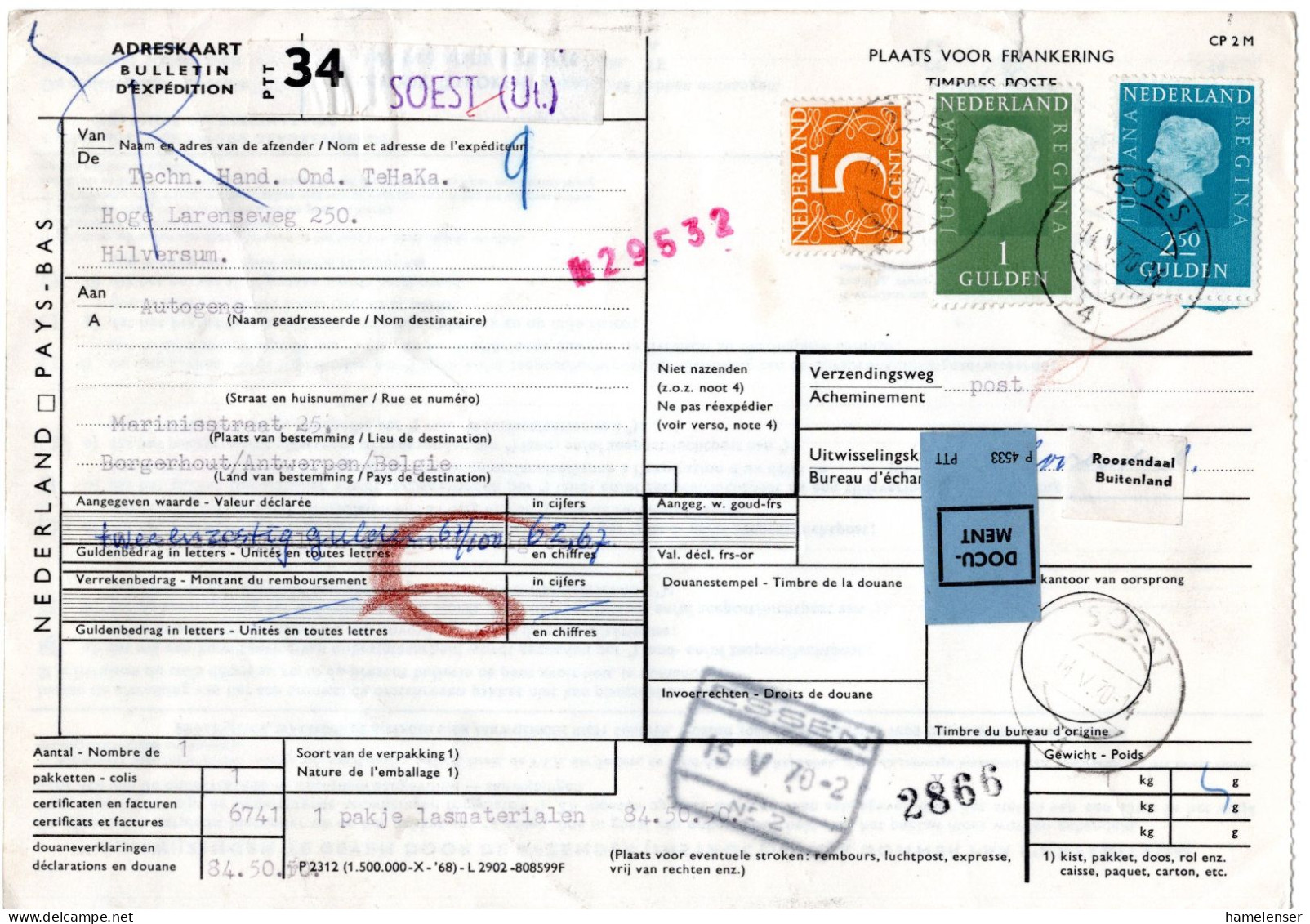 L73424 - Niederlande - 1970 - 2,50G Juliana MiF A PaketKte SOEST -> ESSEN -> Borgerhout (Belgien) - Lettres & Documents