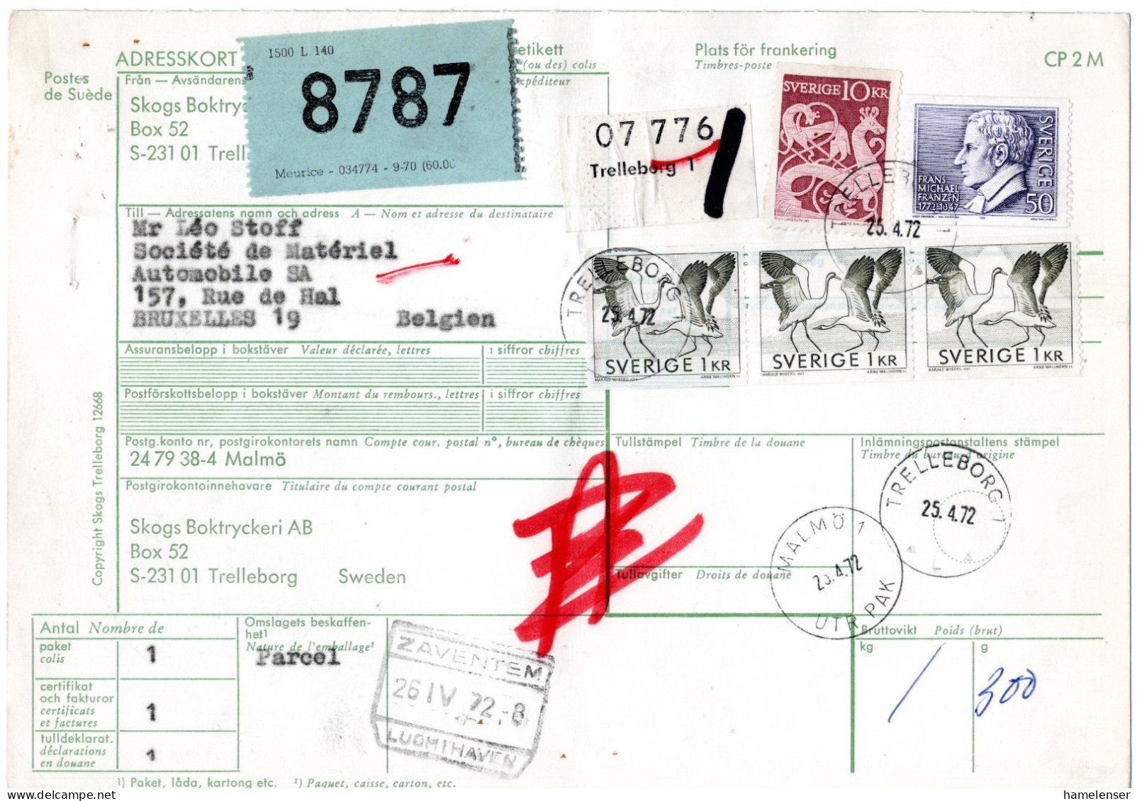 L73426 - Schweden - 1972 - 10Kr MiF A PaketKte TRELLEBORG -> MALMOE -> ZAVENTEM - Bruxelles (Belgien) - Cartas & Documentos