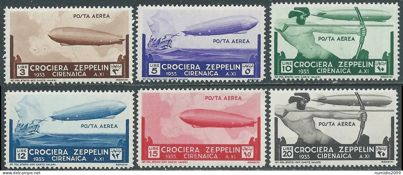 1933 CIRENAICA POSTA AEREA CROCIERA ZEPPELIN 6 VALORI MNH ** - I37-6 - Cirenaica