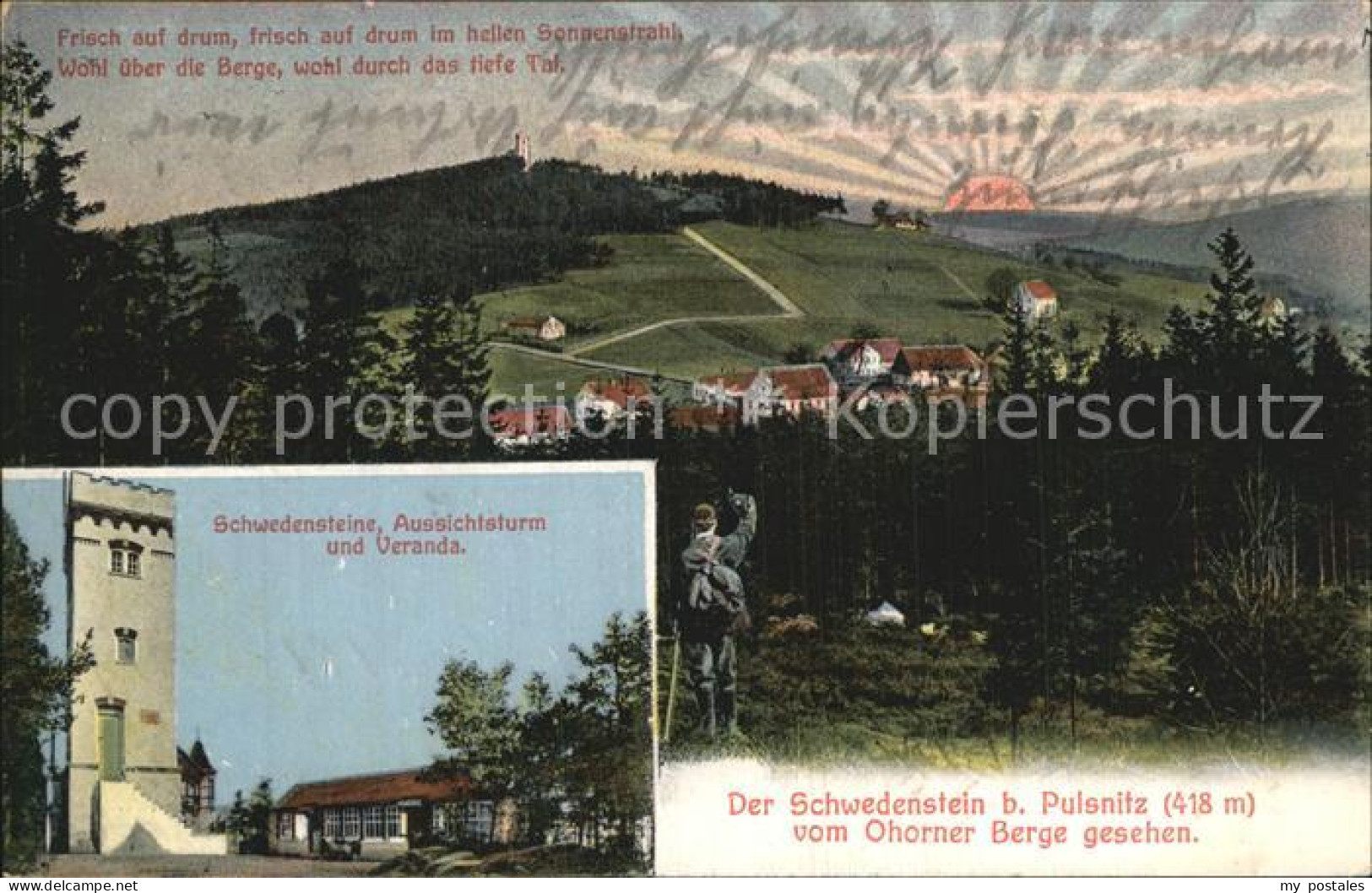 42584890 Pulsnitz Sachsen Schwedenstein Aussichtsturm Veranda Wanderer Sonnenauf - Pulsnitz