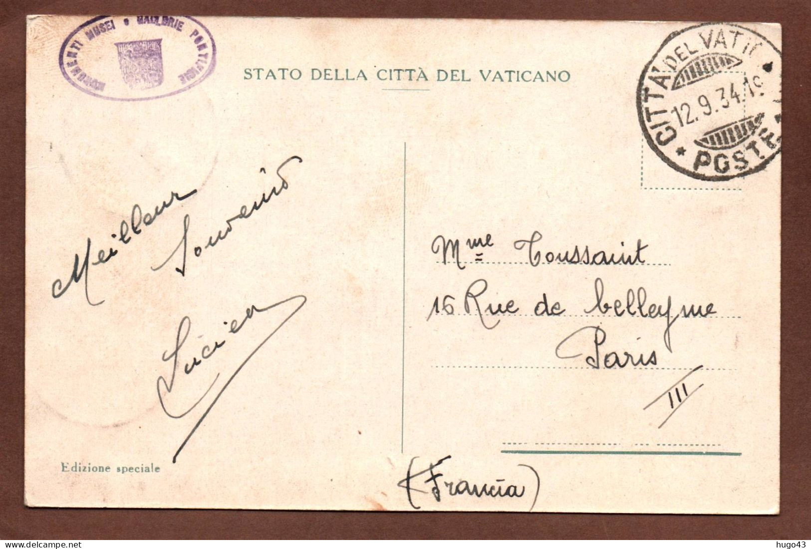 (RECTO / VERSO) CITTA DEL VATICANO - MELOZZO DE FORLI EN 1934  - BEAU TIMBRE ET CACHET - CPA - Vatican