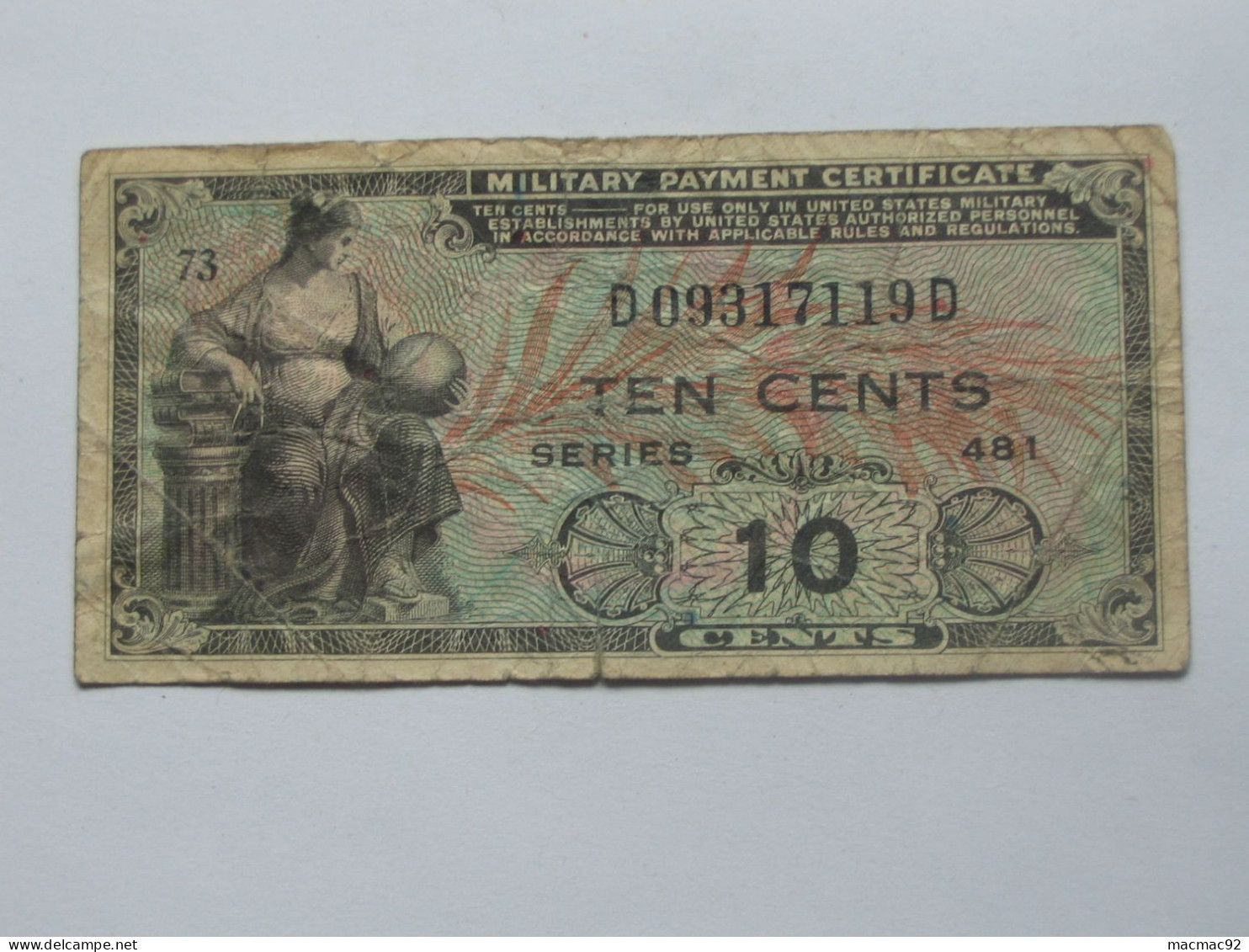 10 Ten Cents  - Série 481 Military Payment Certificate    ***** EN ACHAT IMMEDIAT ***** - 1951-1954 - Reeksen 481