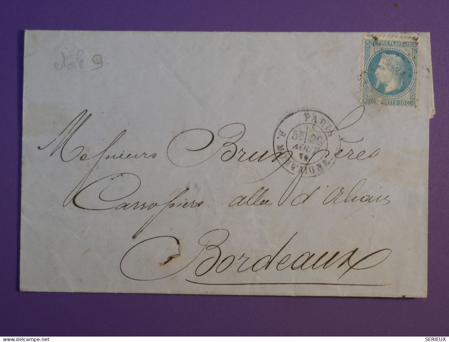 AB0  FRANCE  BELLE  LETTRE  1869   ETOILE DE PARIS N°9 MONTAIGNE POUR BORDEAUX   +N°29+  ++AFF. INTERESSANT++ - 1849-1876: Période Classique