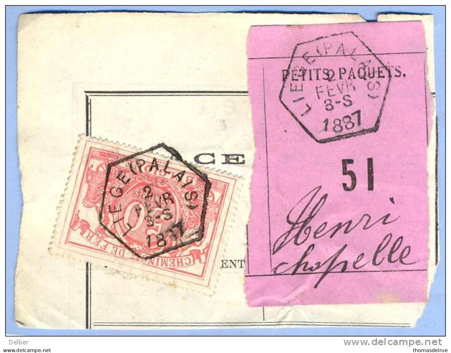 _V926: LIEGE(PALAIS)  > Henri Chapellefragment PETITS PAQUETS Met  " étiquette ": SP11/ : N° 51 : Type B: - Documenten & Fragmenten