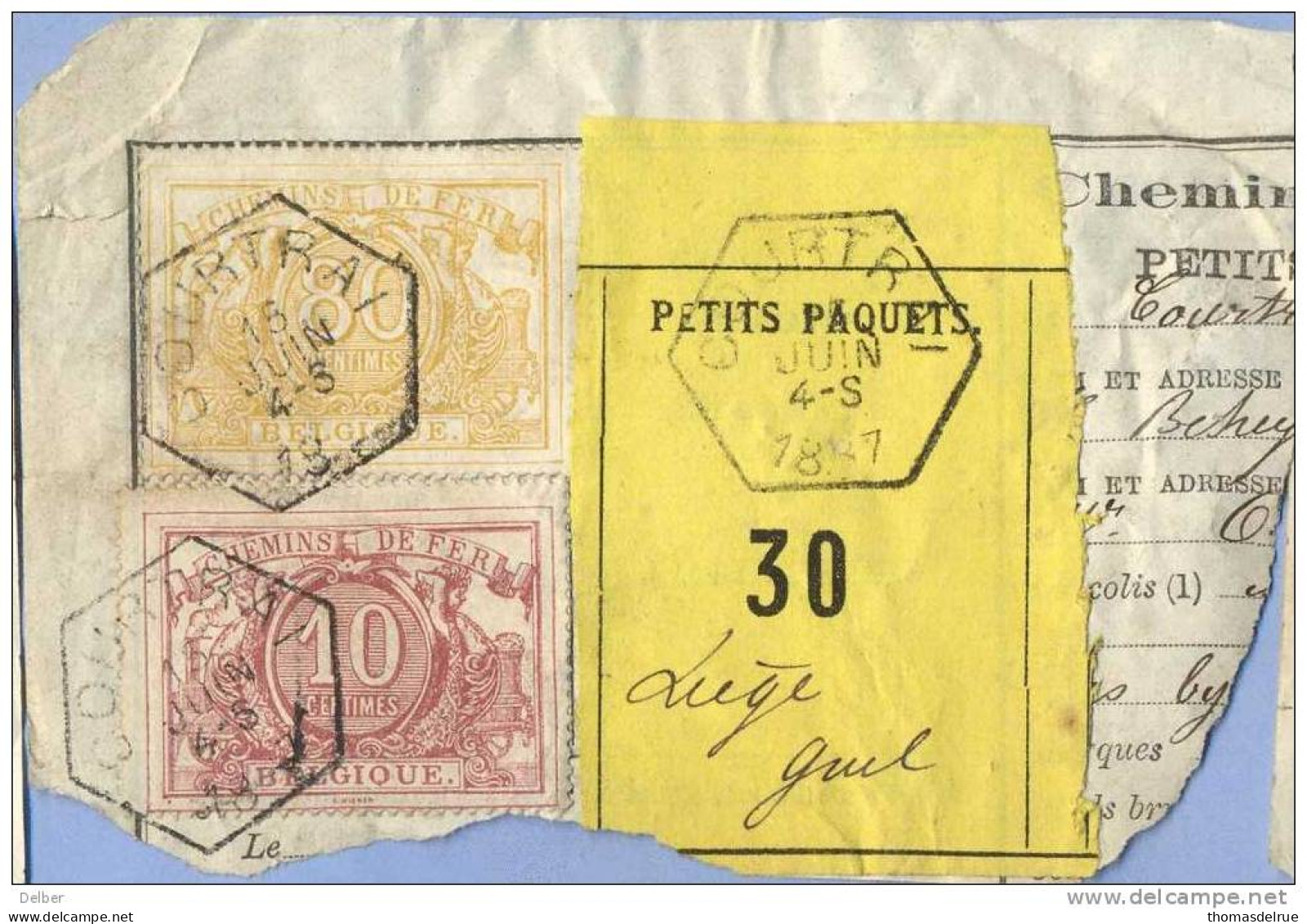 _V788:COURTRAI > Liège Guil+bijfrankering " ASSURANCES":10ct: SP12/ Fragment:" étiquette " PETITS PAQUETS N° 30:Type B: - Dokumente & Fragmente