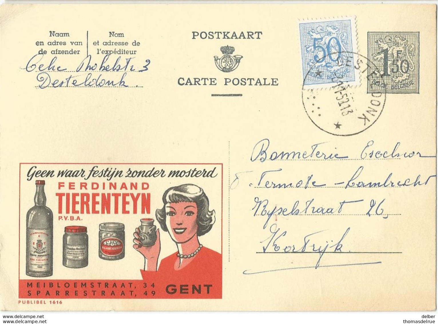 6Rm-703: Publibel 1616 +N°854:  * DESTELDONK  *  1953 : Sterstempel  : Mosterd Tierenteyn - 1951-1975 Heraldischer Löwe (Lion Héraldique)