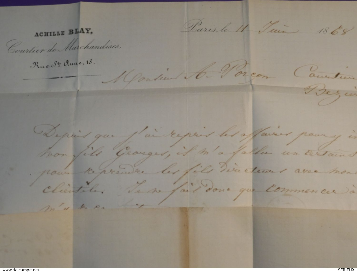 AB0  FRANCE BELLE LETTRE RARE 1868 ETOILE DE PARIS N°11 POUR BEZIERS   ++ NAPOLEON  N°29+AFF. INTERESSANT++ - 1849-1876: Klassieke Periode