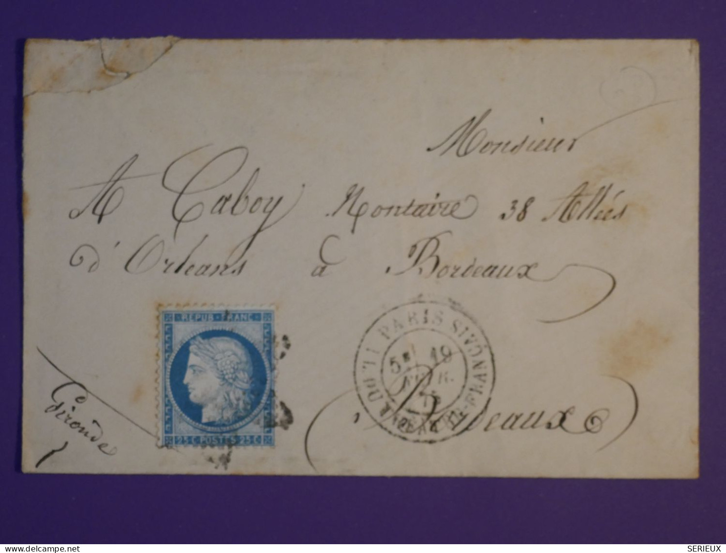 AB0  FRANCE BELLE LETTRE  1875 ETOILE DE PARIS N°11 THEATRE FRANCAIS POUR BORDEAUX + CERES N°60 +AFF. INTERESSANT++ - 1849-1876: Klassieke Periode