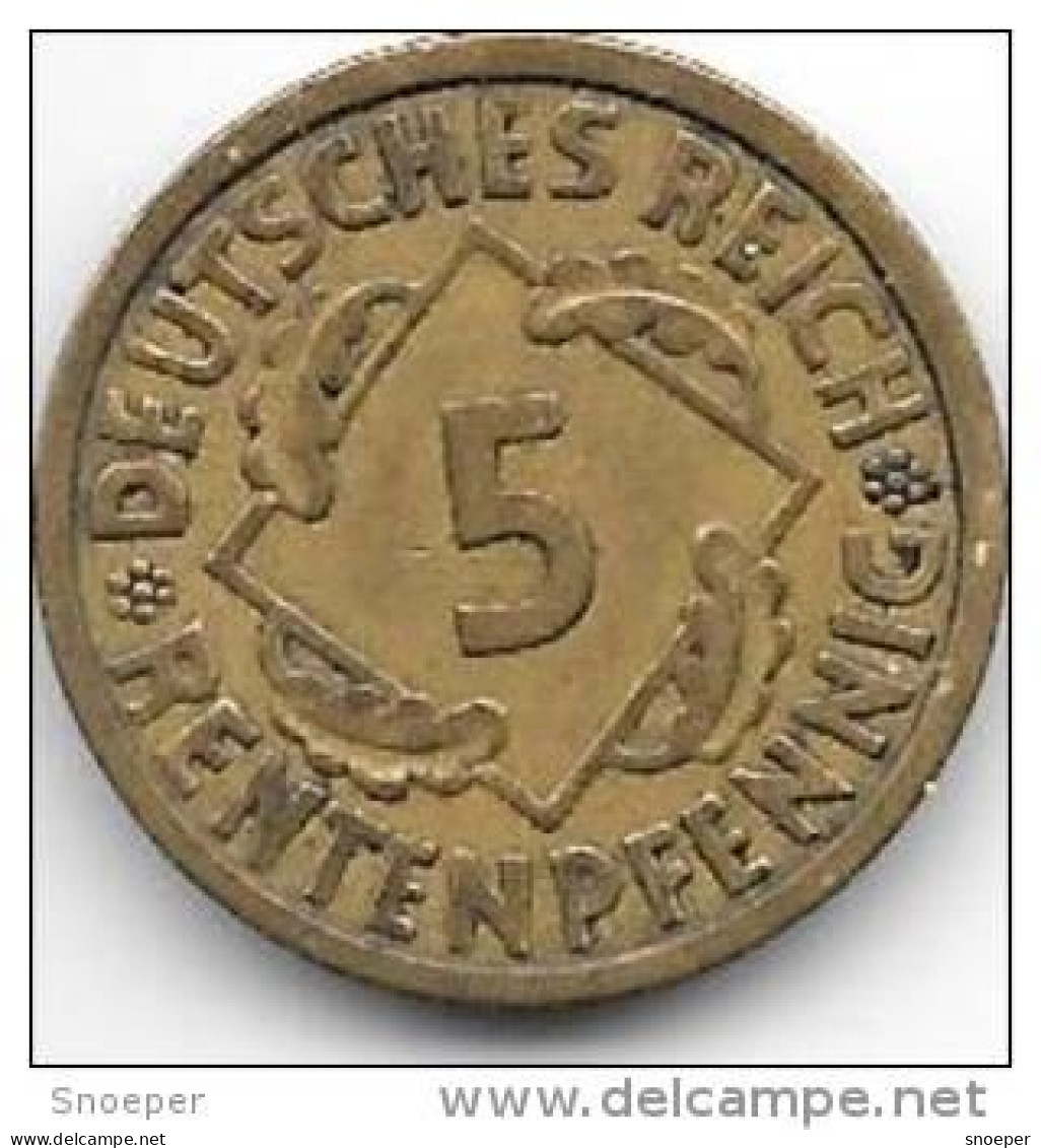 Weimar Rep. 5 Rente  Pfennig 1924 A  Km 32  Vf+ - 5 Renten- & 5 Reichspfennig