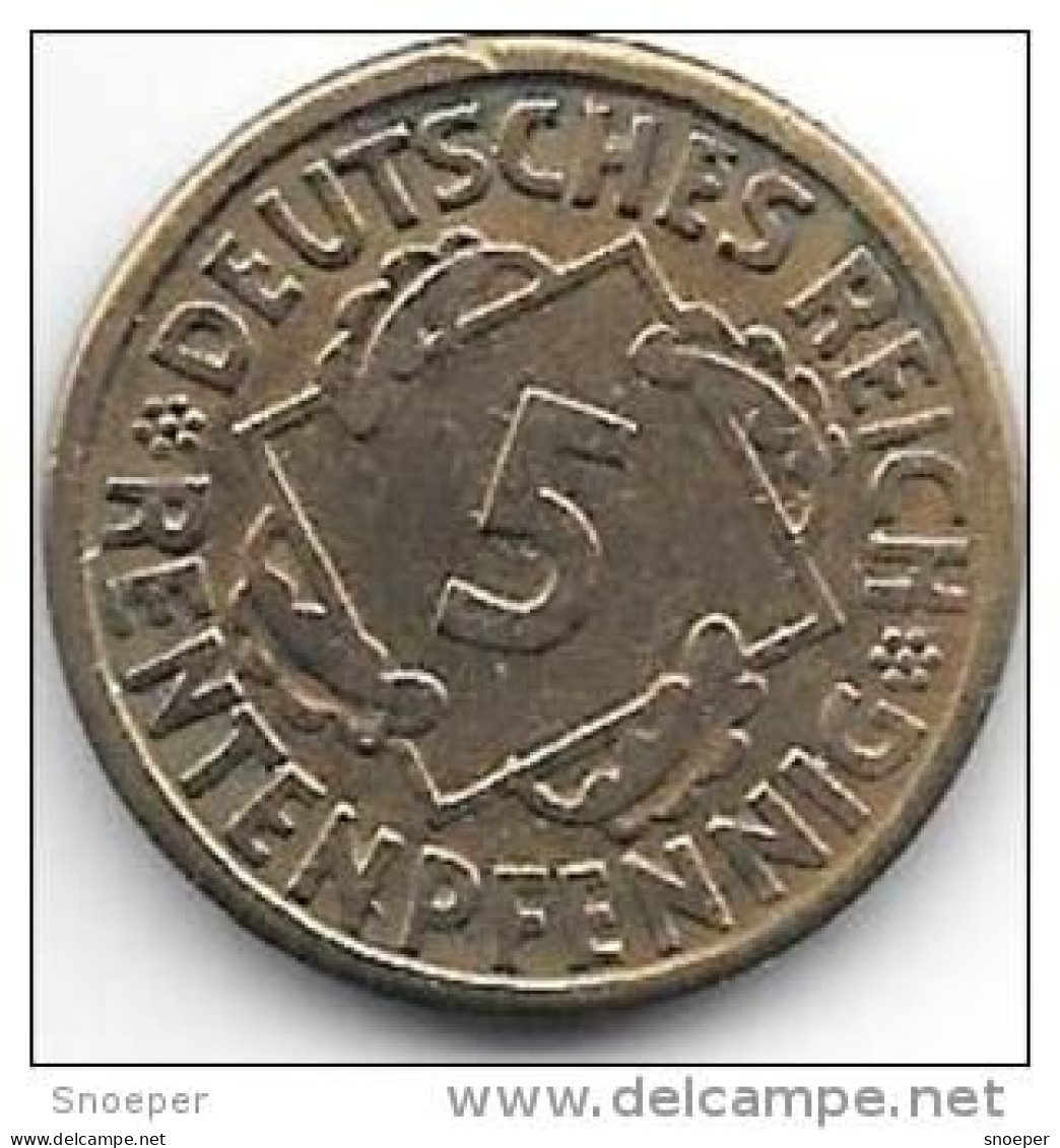 Weimar Rep. 5rente  Pfennig 1924 G  Km 32  Vf+ - 5 Rentenpfennig & 5 Reichspfennig